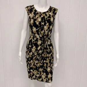 Calvin Klein Ruched Black & Tan Abstract  Geo Print Faux Wrap Midi Dress Size 12